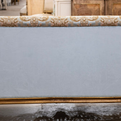Italian Gilded Sofa – Carved Base & Blue Damask Upholstery