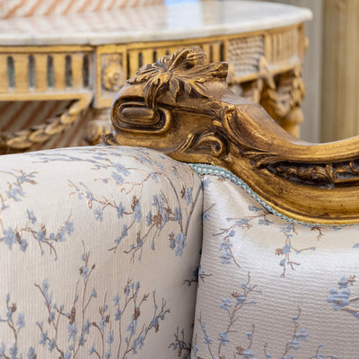 Italian Gilded Sofa – Carved Detailing & Pale Blue Silk-Weave Floral Upholstery