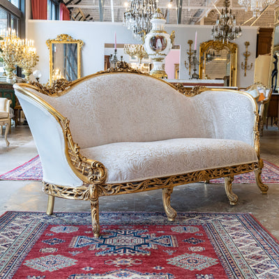 Louis XV Gilded Sofa – Carved Trim & Cream Velvet Textured Upholstery