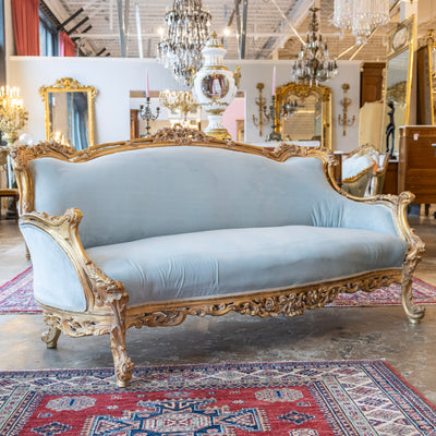 Louis Gilded XV Sofa – Baby Blue Velvet Upholstery