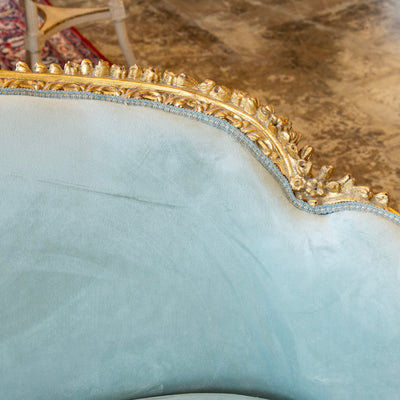 Louis XV Gilded Sofa – Carved with Tufted Pale Aqua Velvet Upholstery