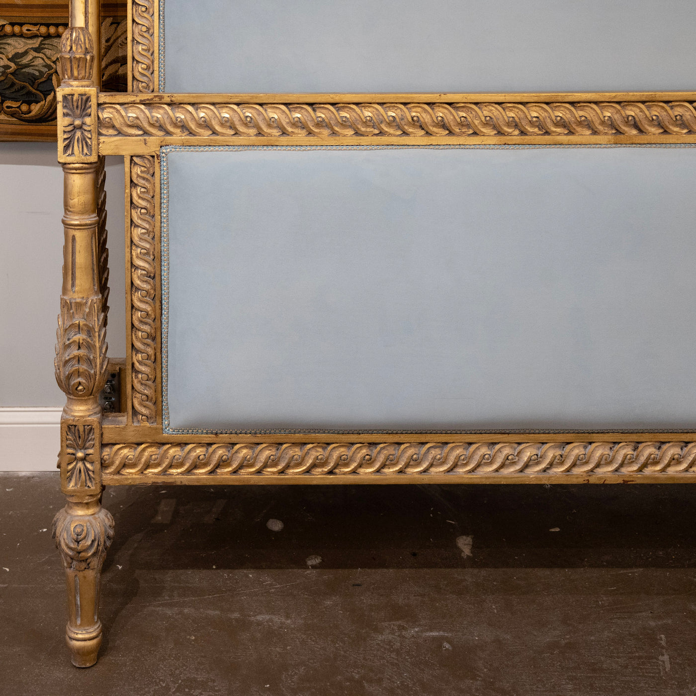 Louis XVI Gilded King Size Bed Set – Carved Frame & Posts with Powder Blue Velvet
