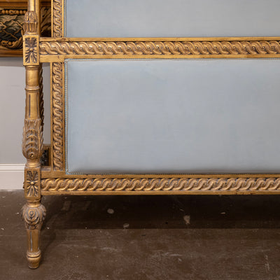 Louis XVI Gilded King Size Bed Set – Carved Frame & Posts with Powder Blue Velvet