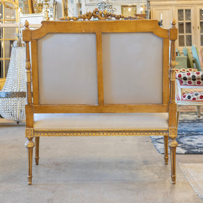 Louis XVI Gilded Loveseat Sofa – Two-Tone Carved Frame & Soft Grey Velvet Upholstery