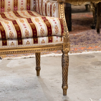 Louis XVI Carved Gilded Settee – Striped Damask Upholstery