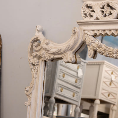 Louis XV Trumeau Mirror – Intricate Wreath Carvings in Antique White