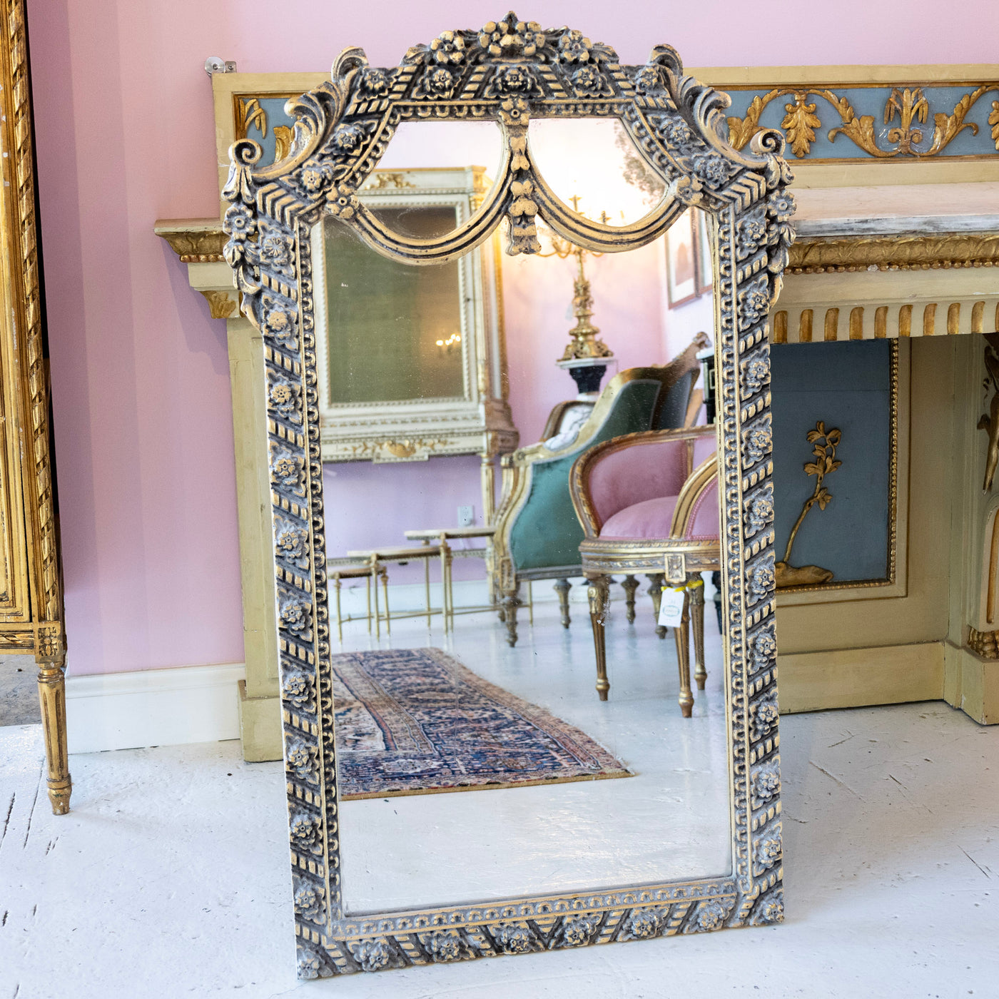 Louis XVI Mirror – Carved Floral Garland Frame with Aged Patina