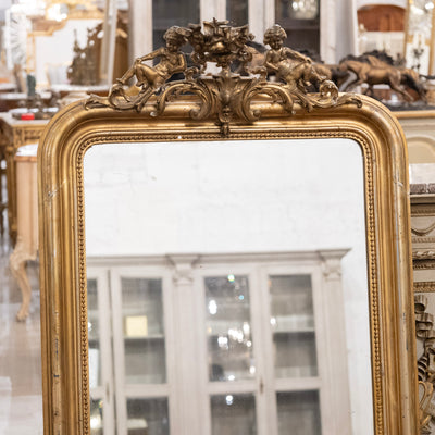 18th century Ornate French Gilded Mirror – Cherub Crest & Beaded Frame