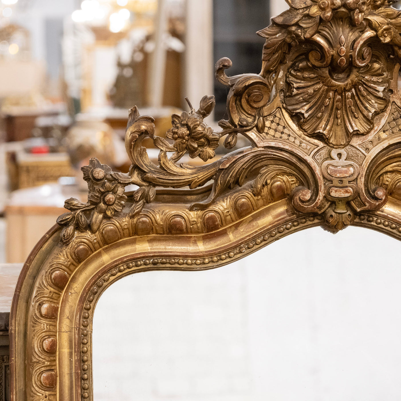 18th-Century Ornate French Gilded Mirror – Shell Crest & Carved Trim