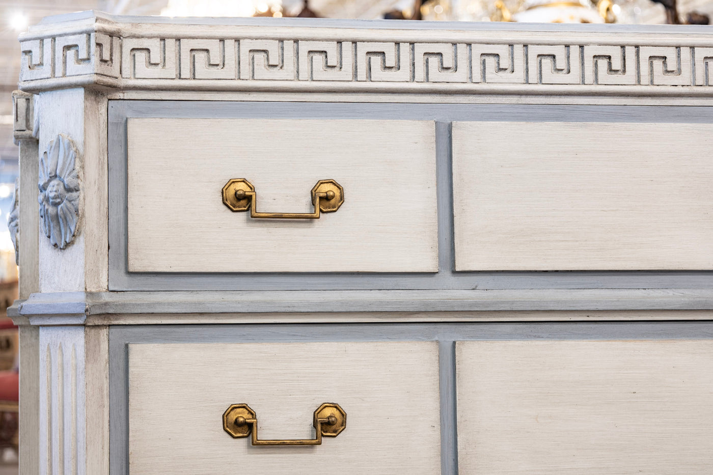Swedish 3-Drawer Chest – Greek Key Carving & Blue Trim