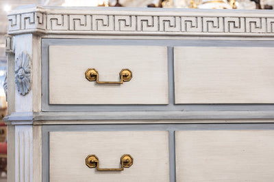 Swedish 3-Drawer Chest – Greek Key Carving & Blue Trim