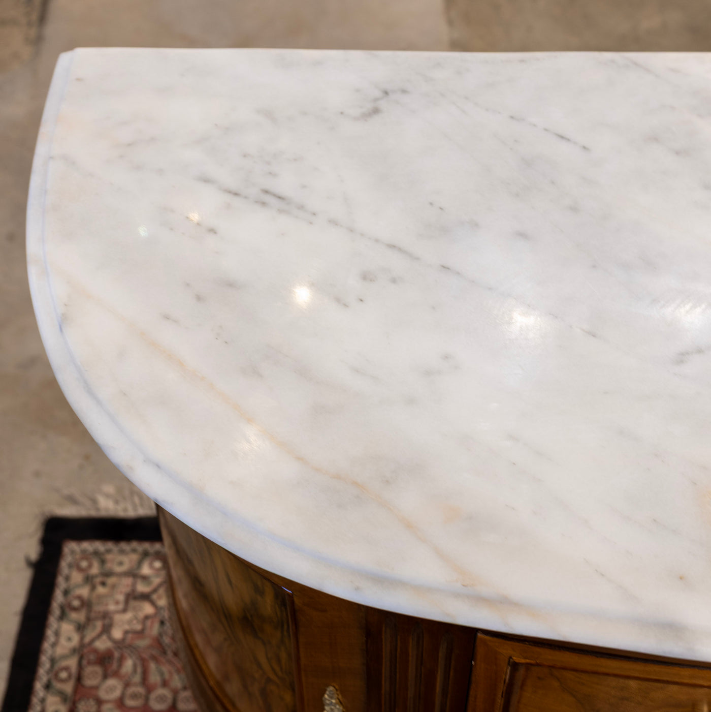 Louis XVI Demilune Chest – Burl Wood with White Marble Top