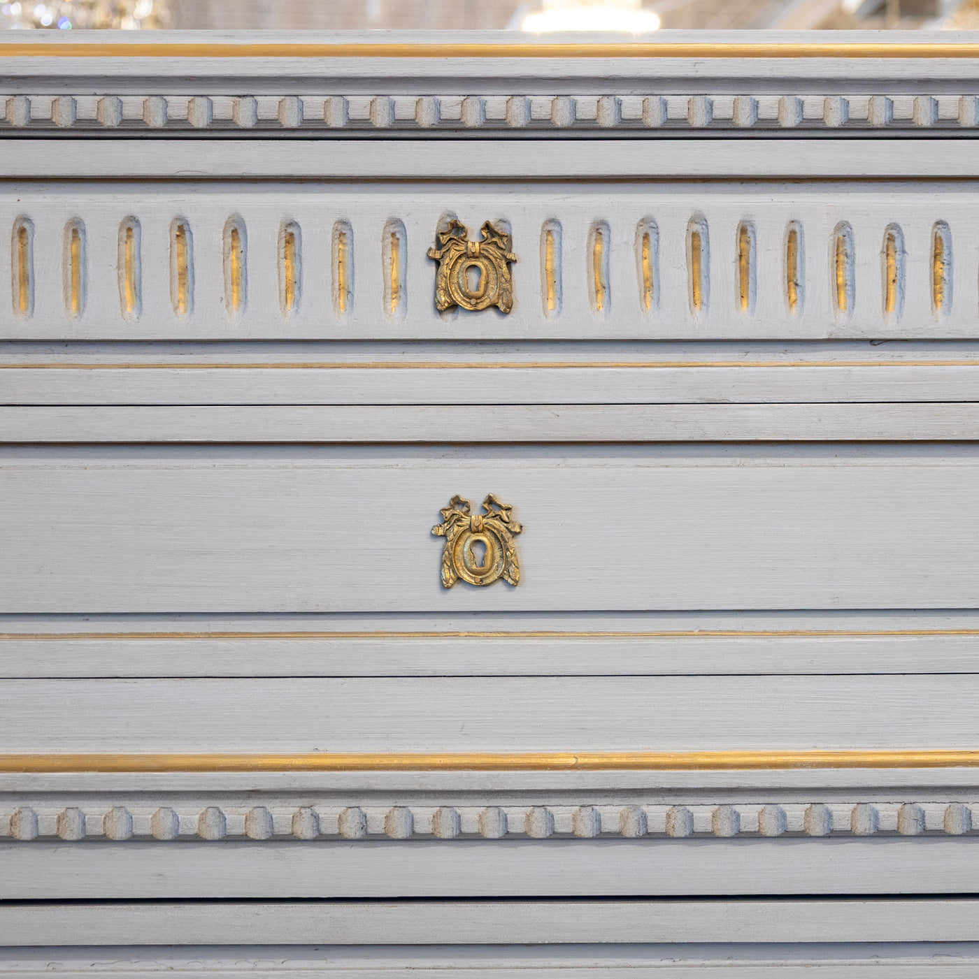 Swedish Tall Chest – Blue with Gold Trim and Brass Hardware