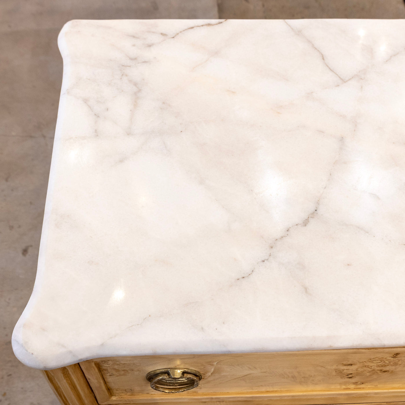 Louis XVI Burl Chest – Light Stripped Wood & White Marble Top