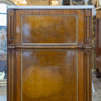 Louis XVI Burl Wood Nightstand – Gold Inlay & White Marble Top