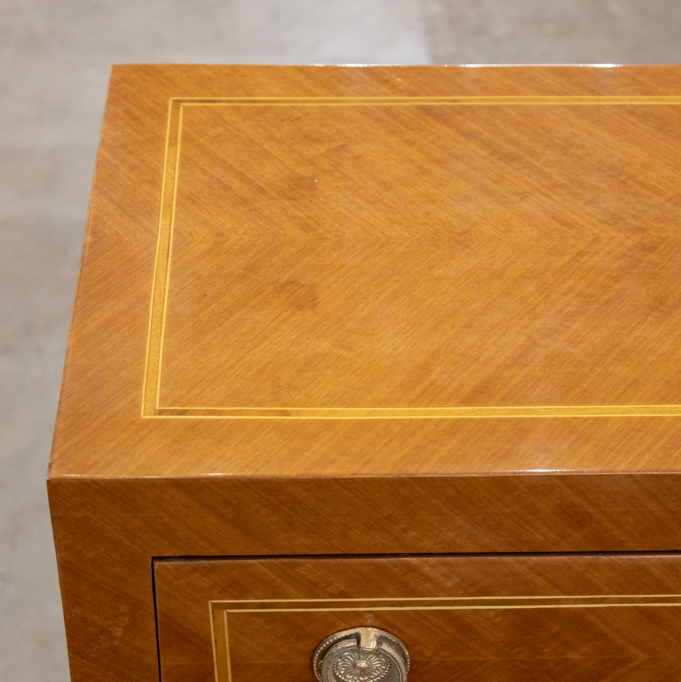 Art Deco Burl Wood 2-Drawer Chest – Inlaid Panels & Brass Pulls