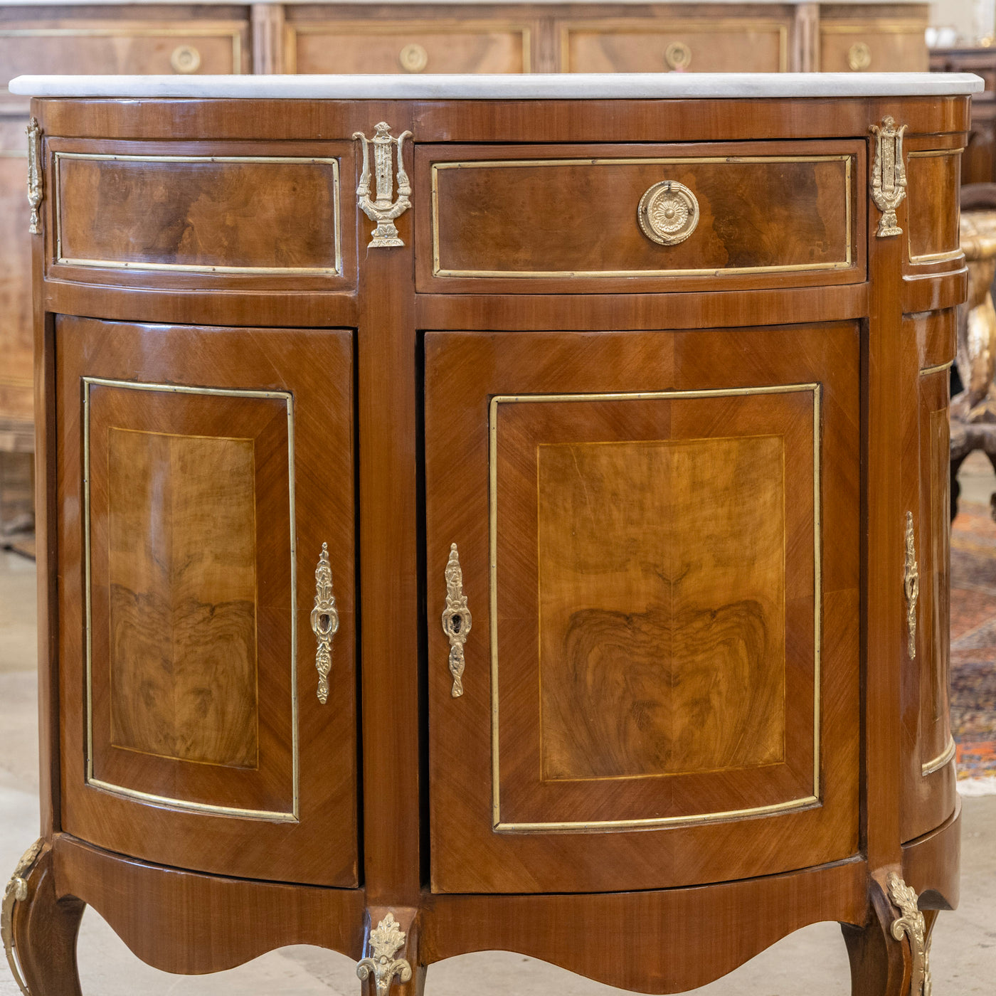 Louis XV Demilune Burl Wood Nightstand – White Marble Top & Ormolu Mounts