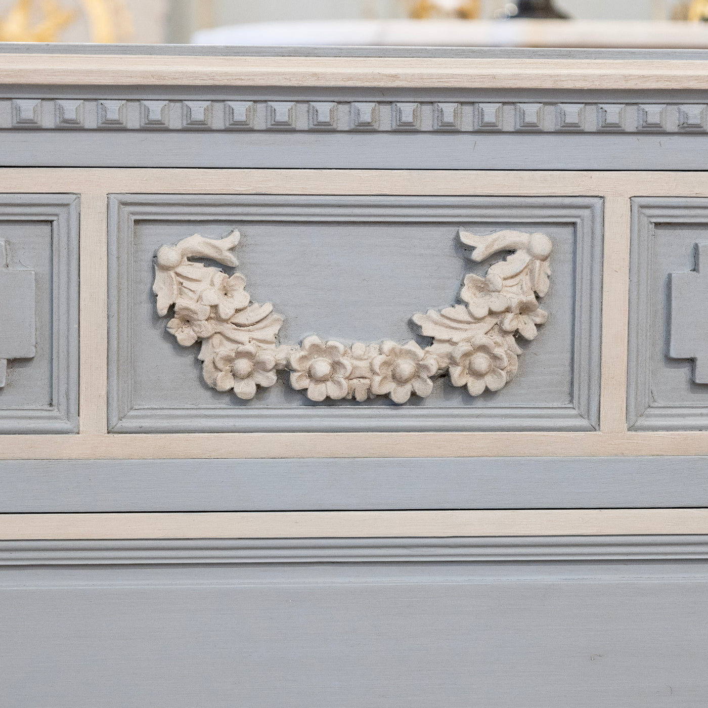 Swedish 3-Drawer Chest in French Blue – Carved Floral Detailing & White Trim