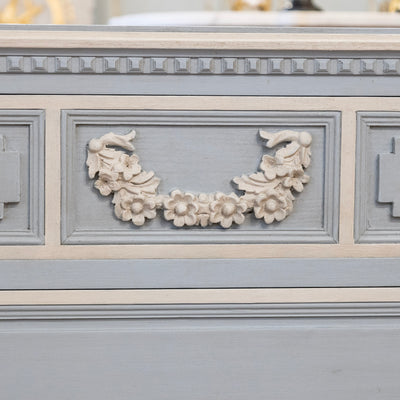 Swedish 3-Drawer Chest in French Blue – Carved Floral Detailing & White Trim