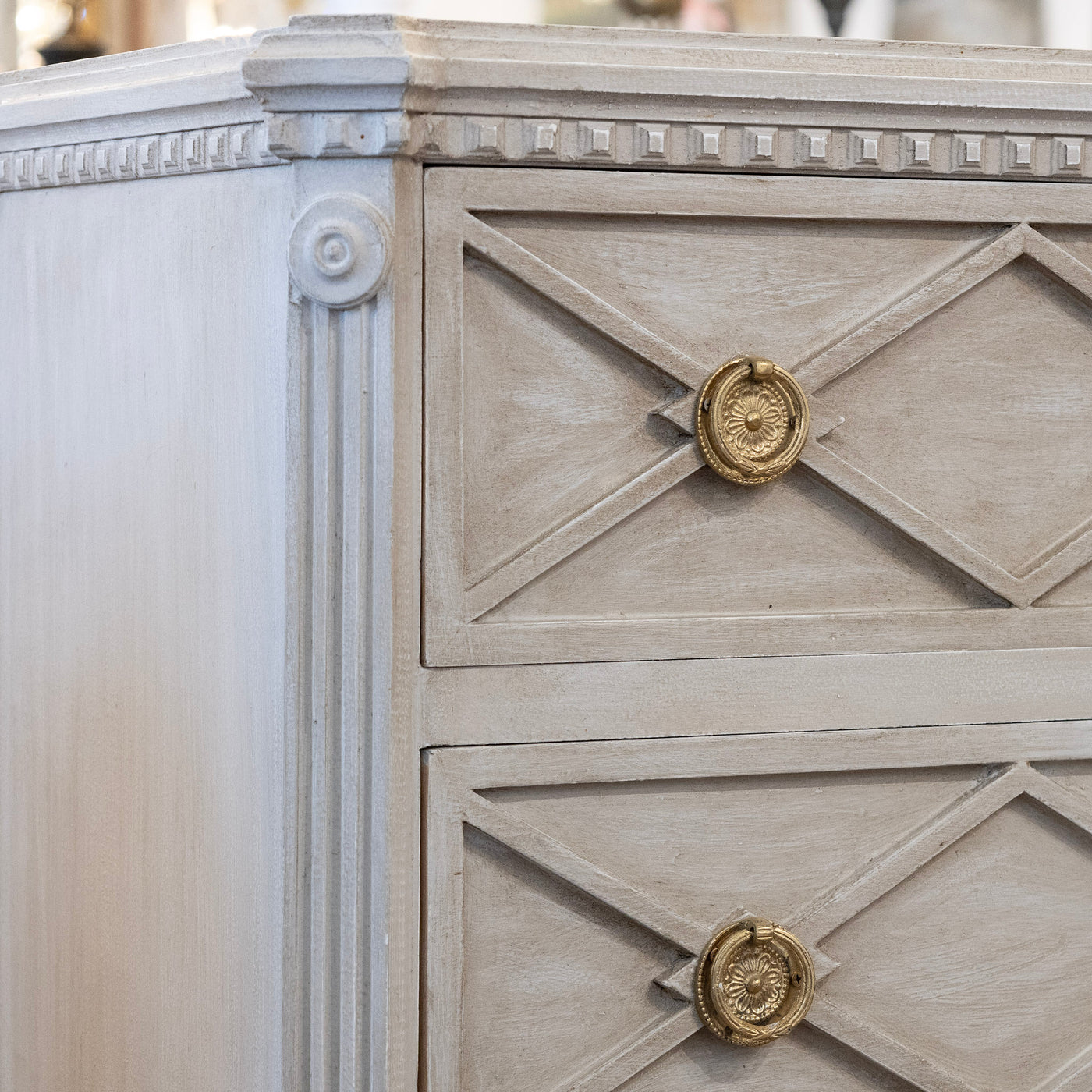 Swedish 3-Drawer Nightstand – Open Diamond Trim in Distressed Grey