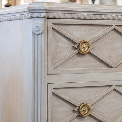 Swedish 3-Drawer Nightstand – Open Diamond Trim in Distressed Grey