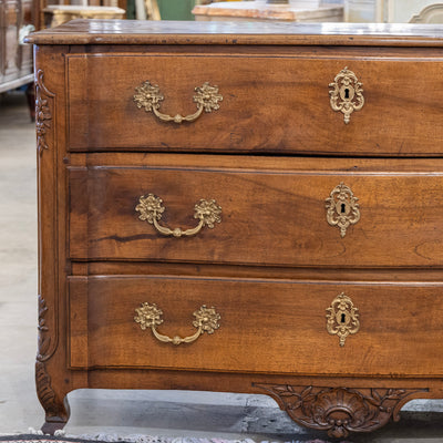 Louis XV 18th Century Walnut Chest – Bronze Hardware & Carved Florals