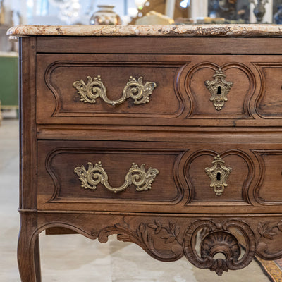 Louis XV 18th Century Walnut Chest – Carved Apron & Breccia Pernice Marble Top