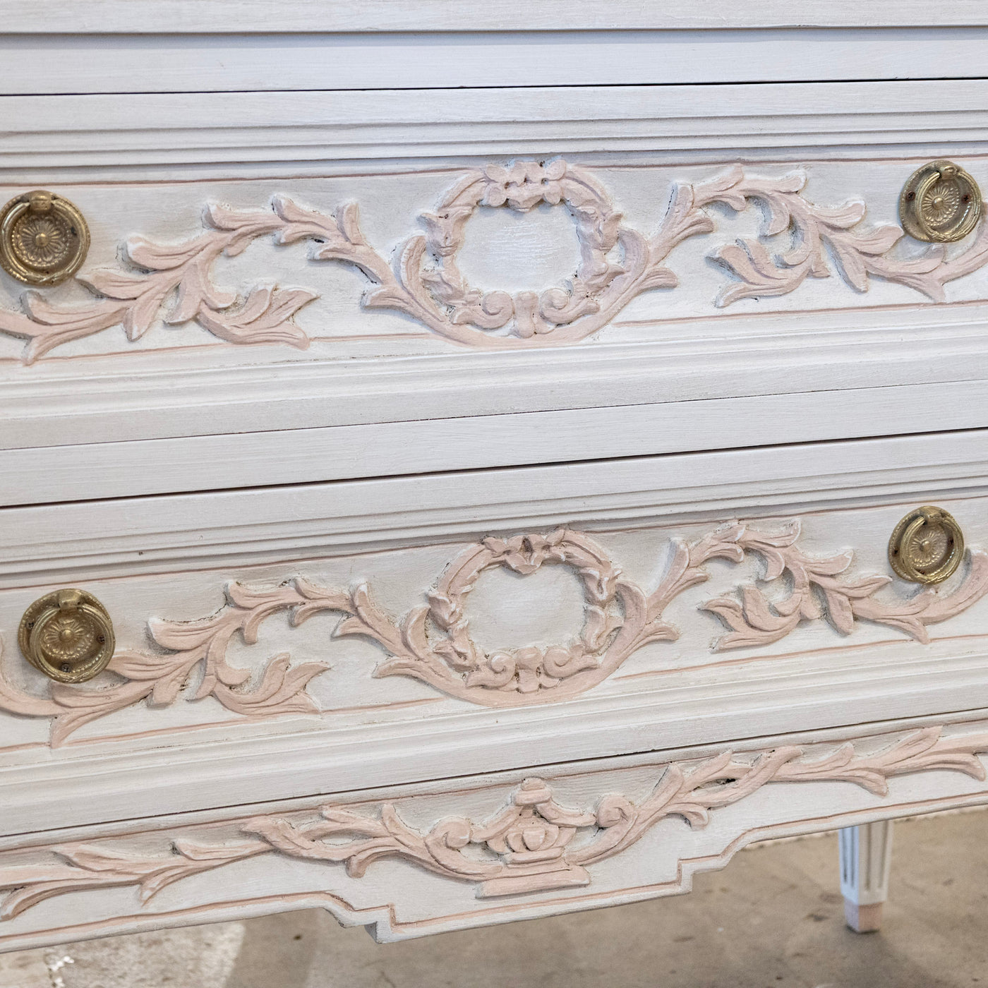 Swedish 2-Drawer Chest in Antique White – Pink Carved Floral Motifs