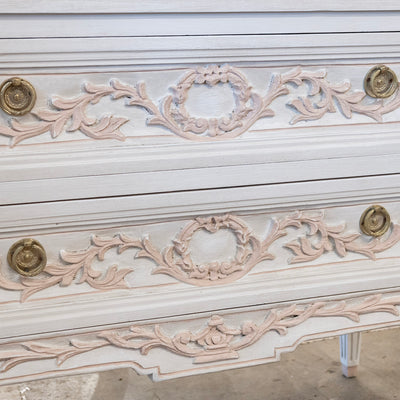 Swedish 2-Drawer Chest in Antique White – Pink Carved Floral Motifs