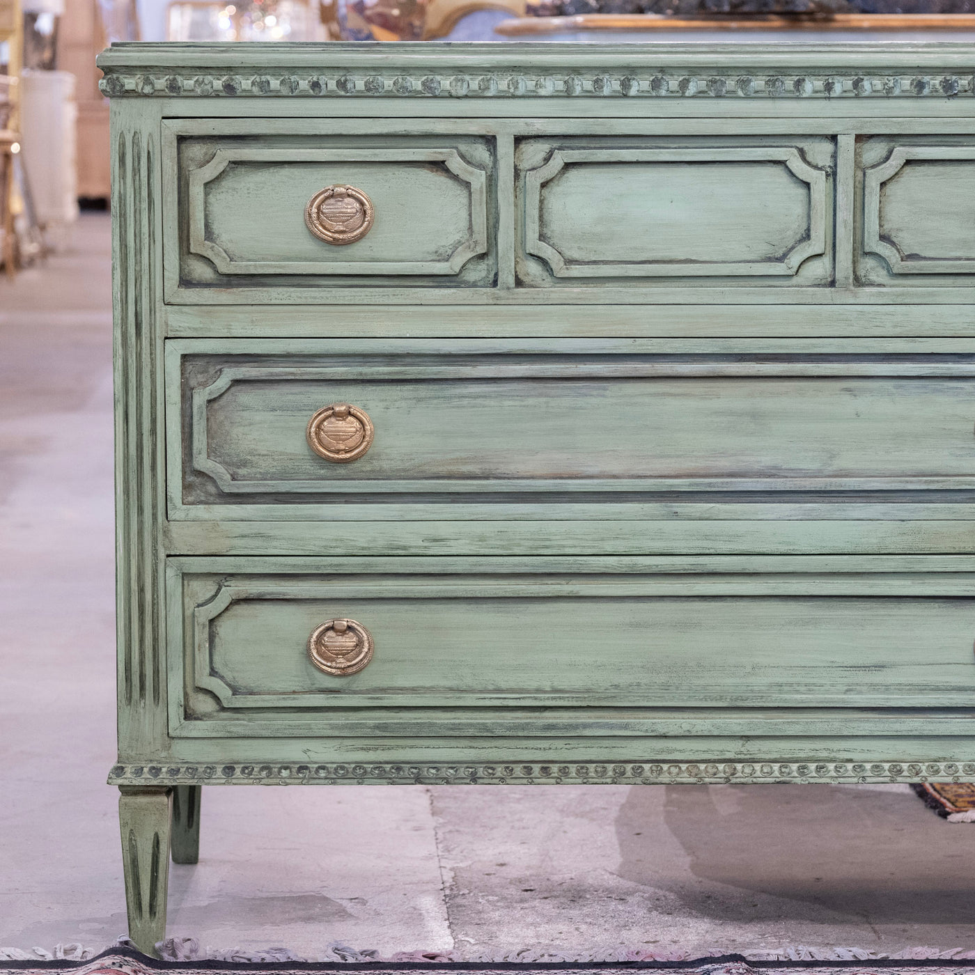 Swedish 3-Drawer Carved Chest – Distressed Green Finish