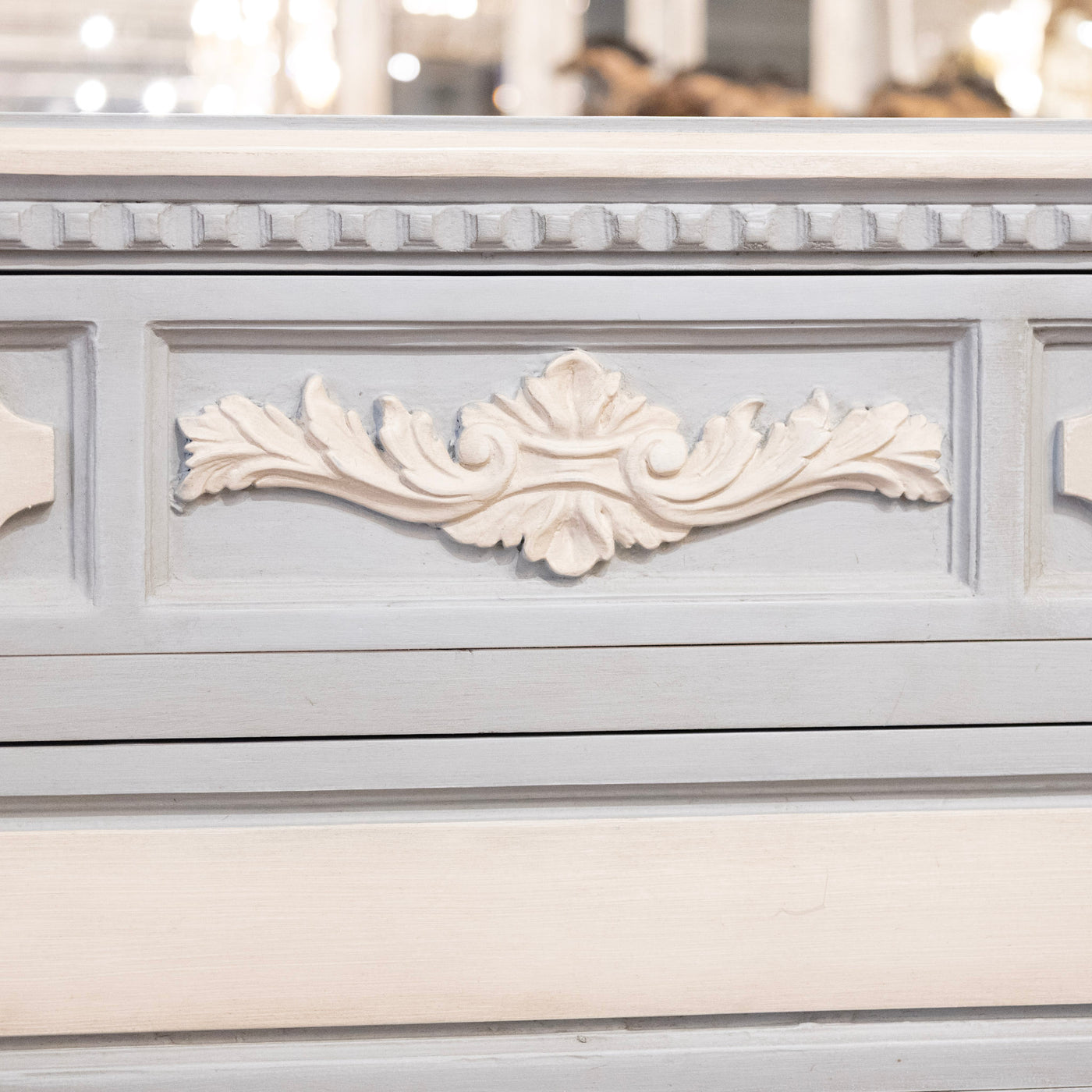 Swedish 3-Drawer Chest – Blue & White Finish with Floral Carving