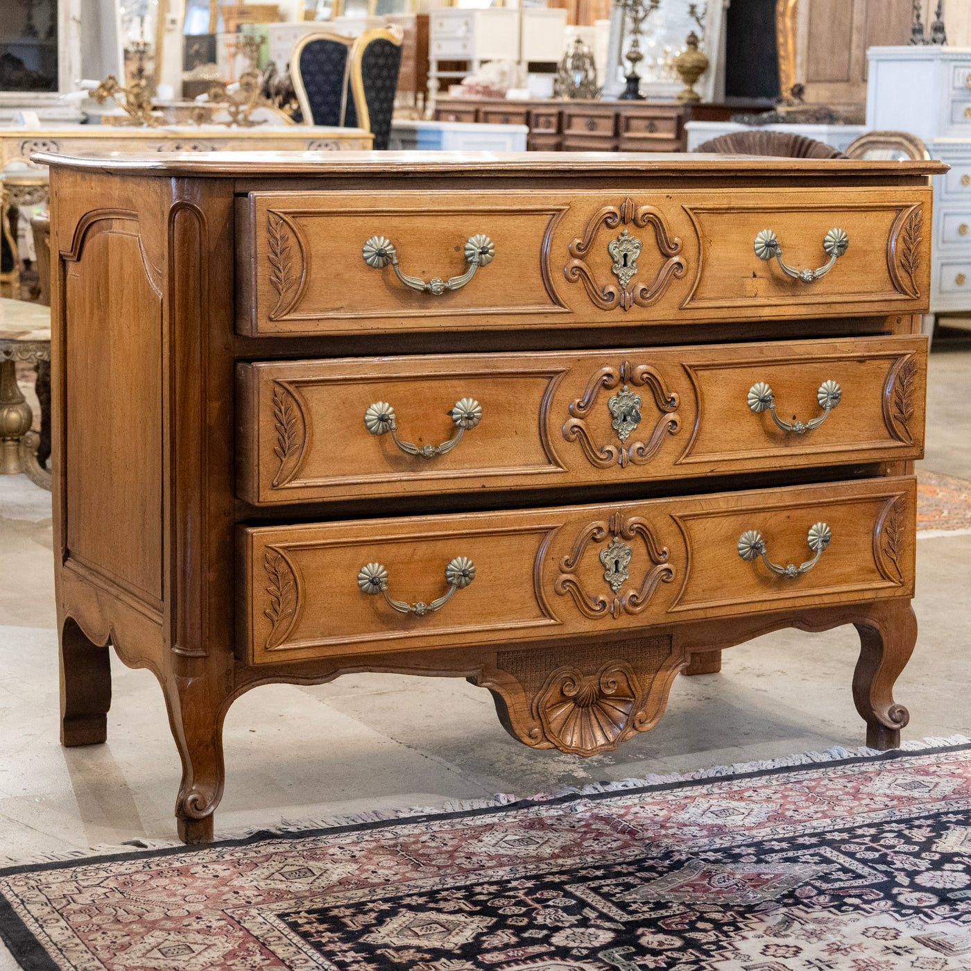 18th Century Wood Chest – Hand-Carved Details & Brass Rosette Pulls