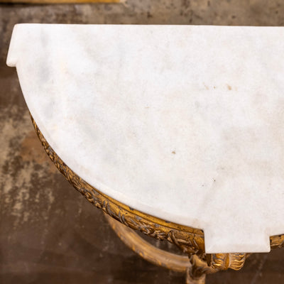 Louis XVI Petite Gilded Demilune Console – Carved Detailing & White Marble Top