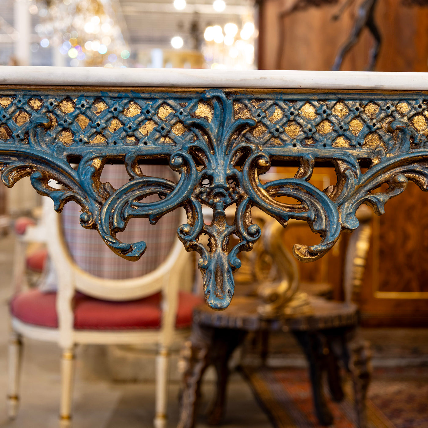 Louis XV Demilune Gilded Console Table – Blue Trim & White Marble Top