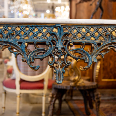 Louis XV Demilune Gilded Console Table – Blue Trim & White Marble Top