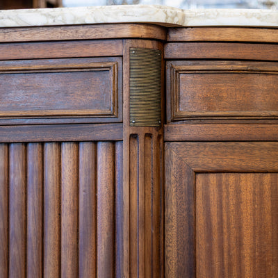 Louis XVI Demilune Sideboard – Reeded Front & White Marble Top with Sliding Side Doors