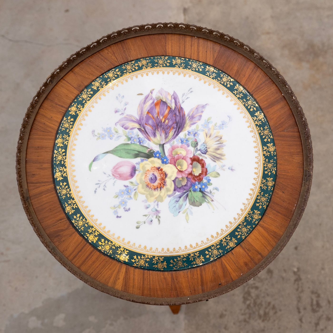 Louis XVI Brown Marquetry Side Table – Floral Porcelain Top