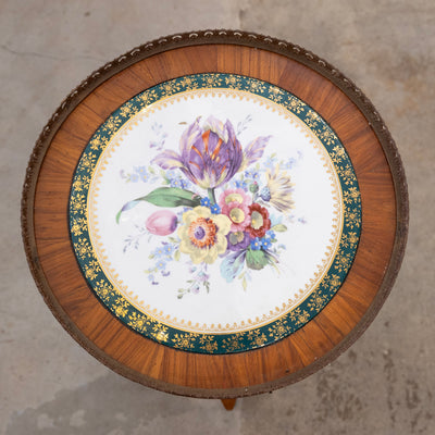Louis XVI Brown Marquetry Side Table – Floral Porcelain Top