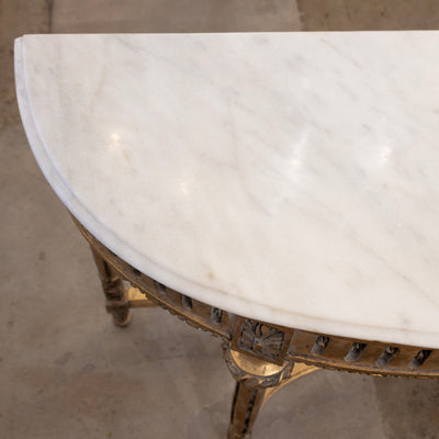 Louis XVI Gilded Demilune Console Table – Detailed Carvings & White Marble Top