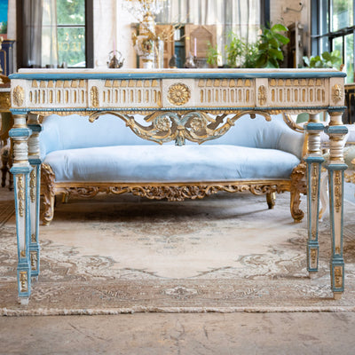 Louis XVI Gilded Console Table – Hand-Painted Blue & Gold with White Marble Top