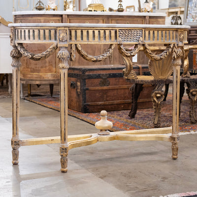 Louis XVI Demilune Console – Gilded Carvings with White Marble Top