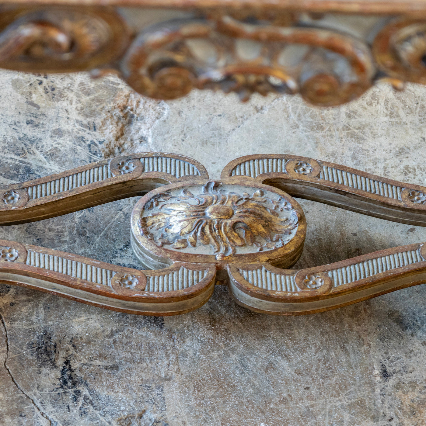 Italian Oval Coffee Table – Gilded Carvings & Gray Marble Top