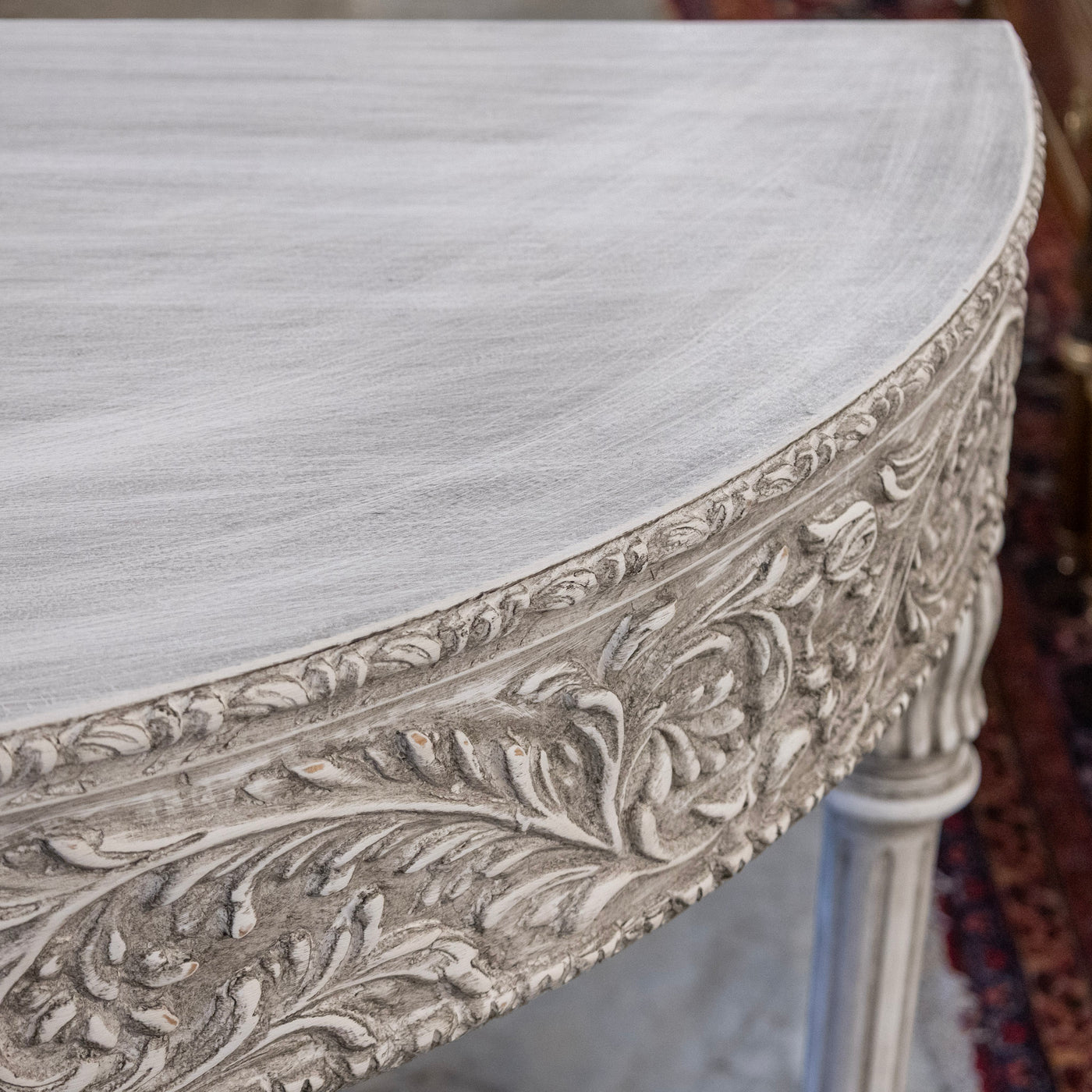 Louis XVI Carved Wood Demilune Console Table - Distressed Grey Finish