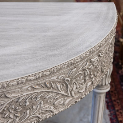 Louis XVI Carved Wood Demilune Console Table - Distressed Grey Finish