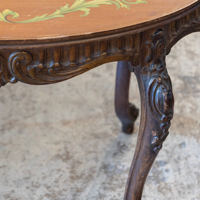 French Carved Side Table – Hand-Painted Inset Scene & Green Trim