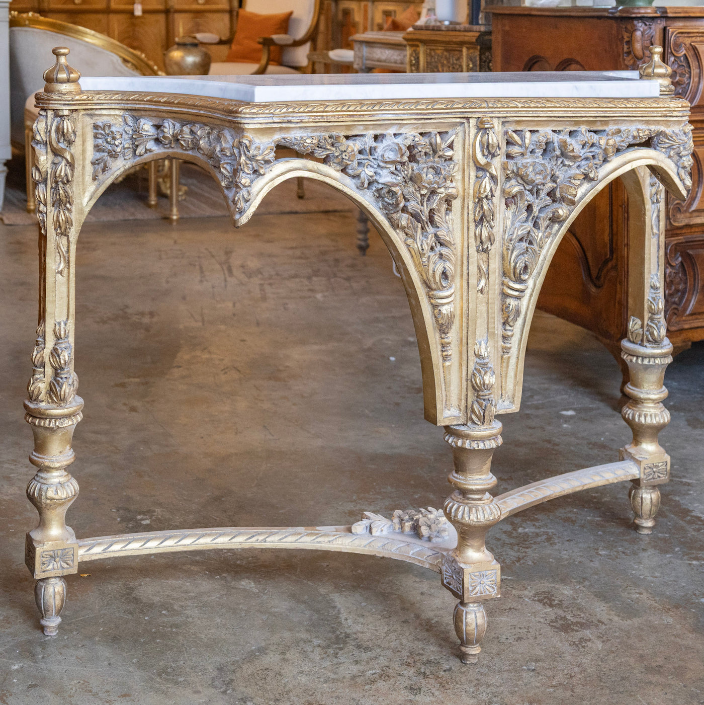 Louis XVI Ornate Gilded Console Table – Hand-Carved Florals & White Marble Top