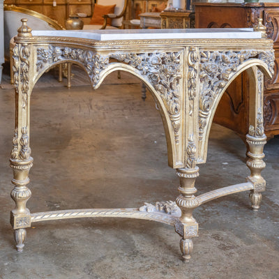 Louis XVI Ornate Gilded Console Table – Hand-Carved Florals & White Marble Top