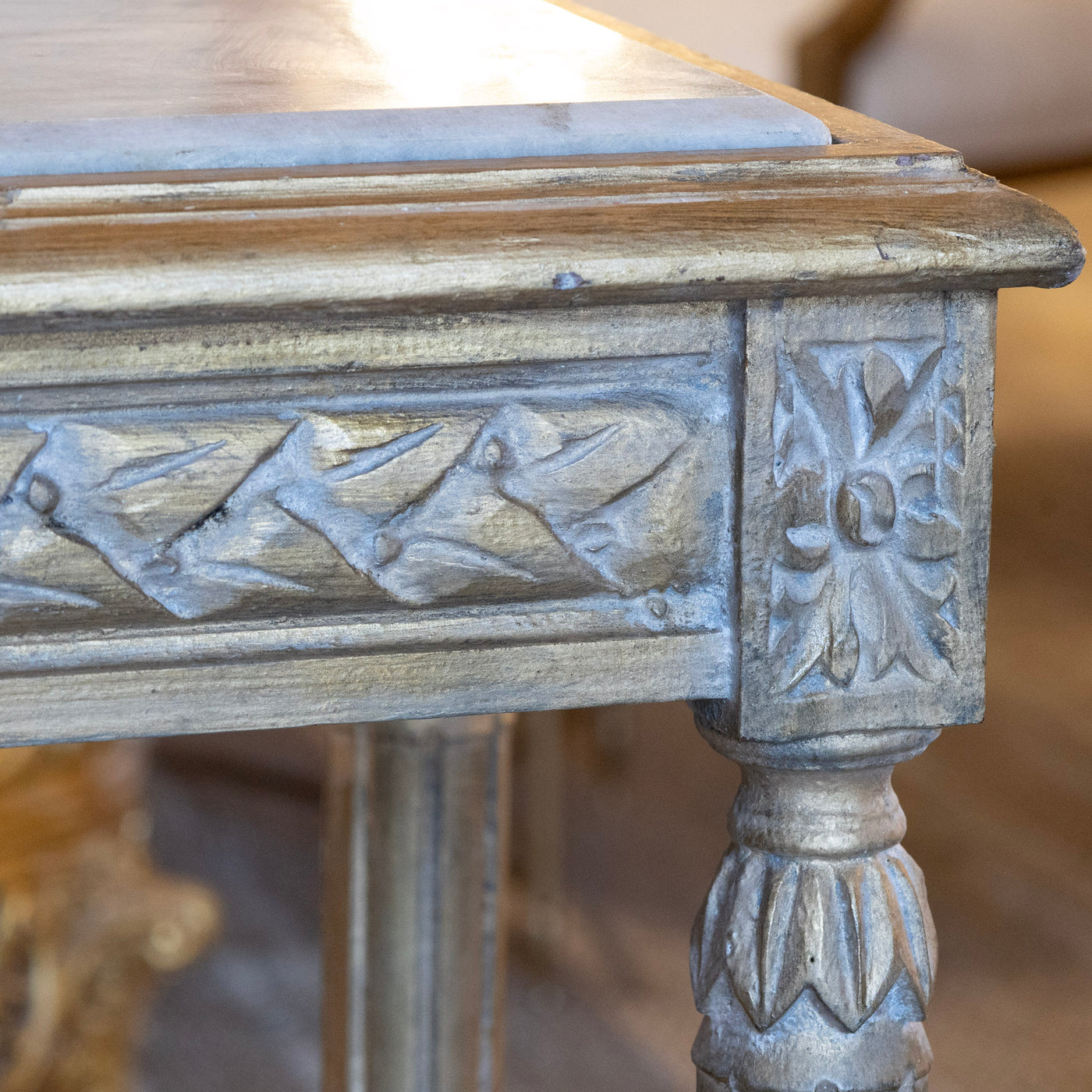 Louis XVI Gilded Champagne Gold Console – Carved Apron & White Marble Top