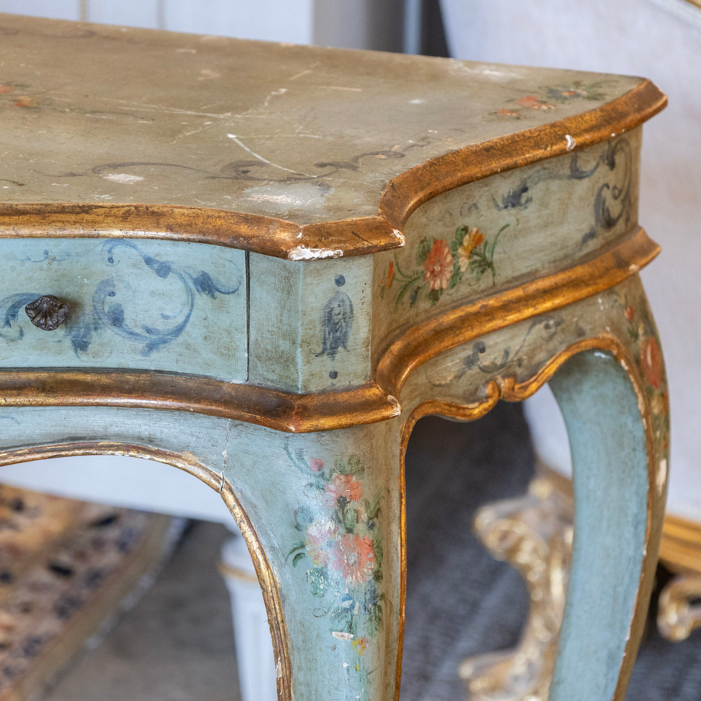 Italian Painted Console Table – Green with Floral Motifs & Gilded Accents