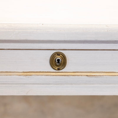 Louis XVI White Painted Desk with Gold Trim – Brown Leather Top & Slide-Out Panels